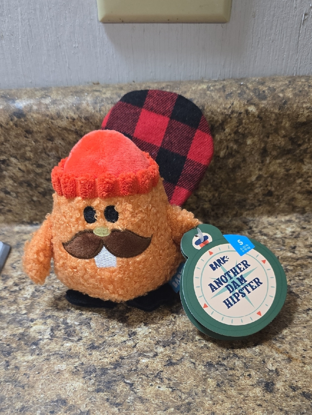 BARK Another Dam Hipster Dog Toy Orange  with Plaid‎ Accent NWT Size Small